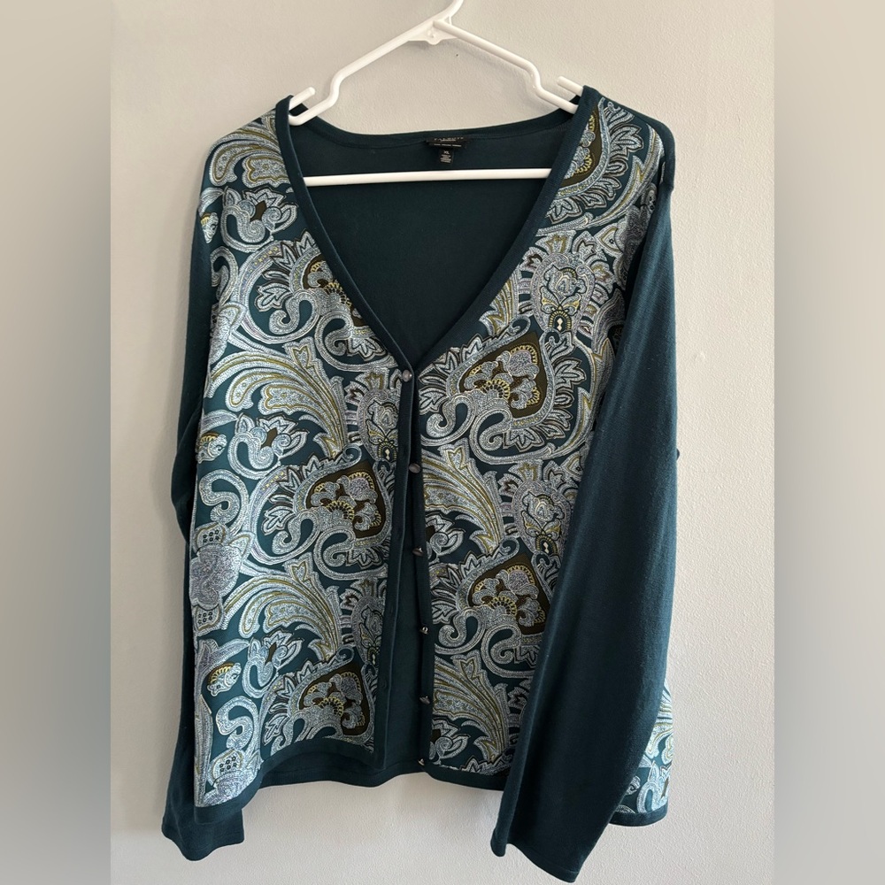 Talbots Teal Merino Wool and Silk Paisley Cardigan Sweater